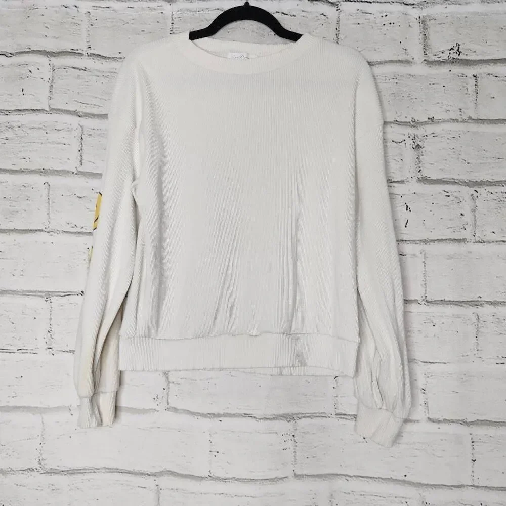 Ces Femme Womens White Ribbed Smiley Face Long Sleeve Pullover Sweatshirt Medium